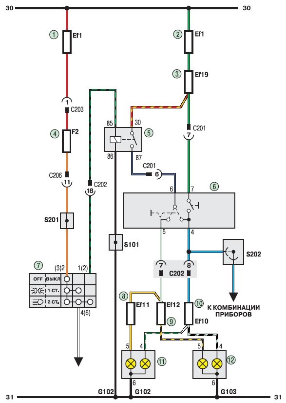 Электросхема соединения приборов освещения Дэу Ланос